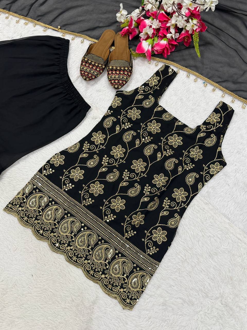 Deep Ruby Floral-Embroidered Silk Set
